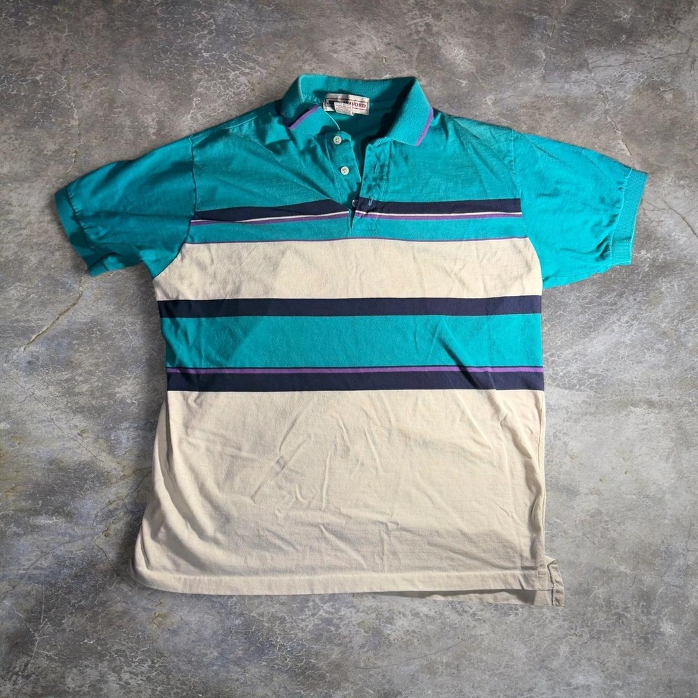 Vintage John Ashford Mens Large Striped Cotton Polo Shirt Made in USA Teal Blue